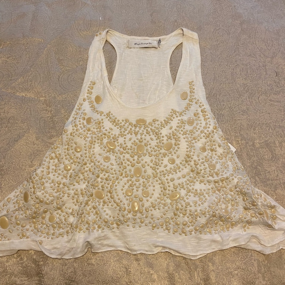 Free People Embellished Cream Crop Tank Top